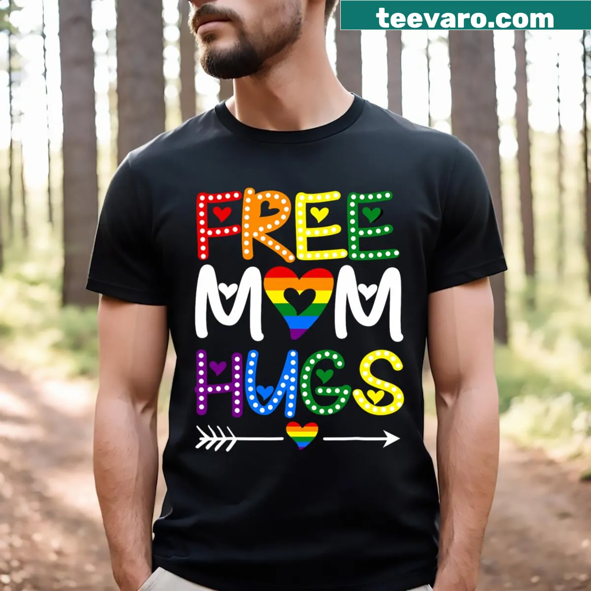 A sentimental T-shirt featuring 'Free Mom Hugs' with a rainbow design — on a men's t-shirt