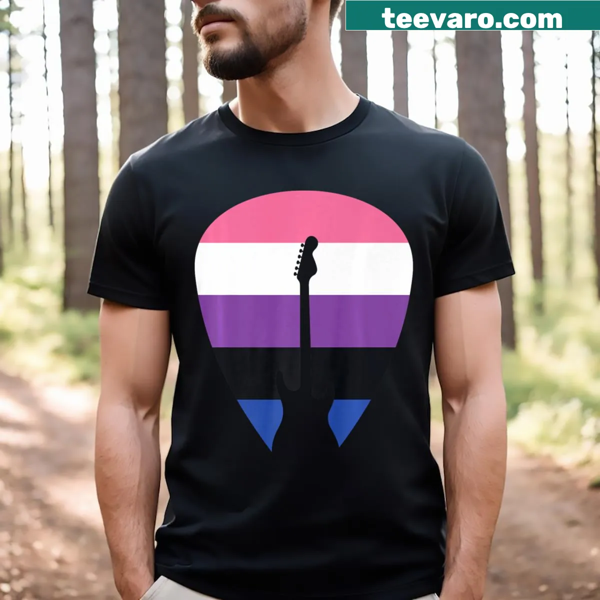 Illustration of a guitar pick celebrating genderfluidity — on a men's t-shirt