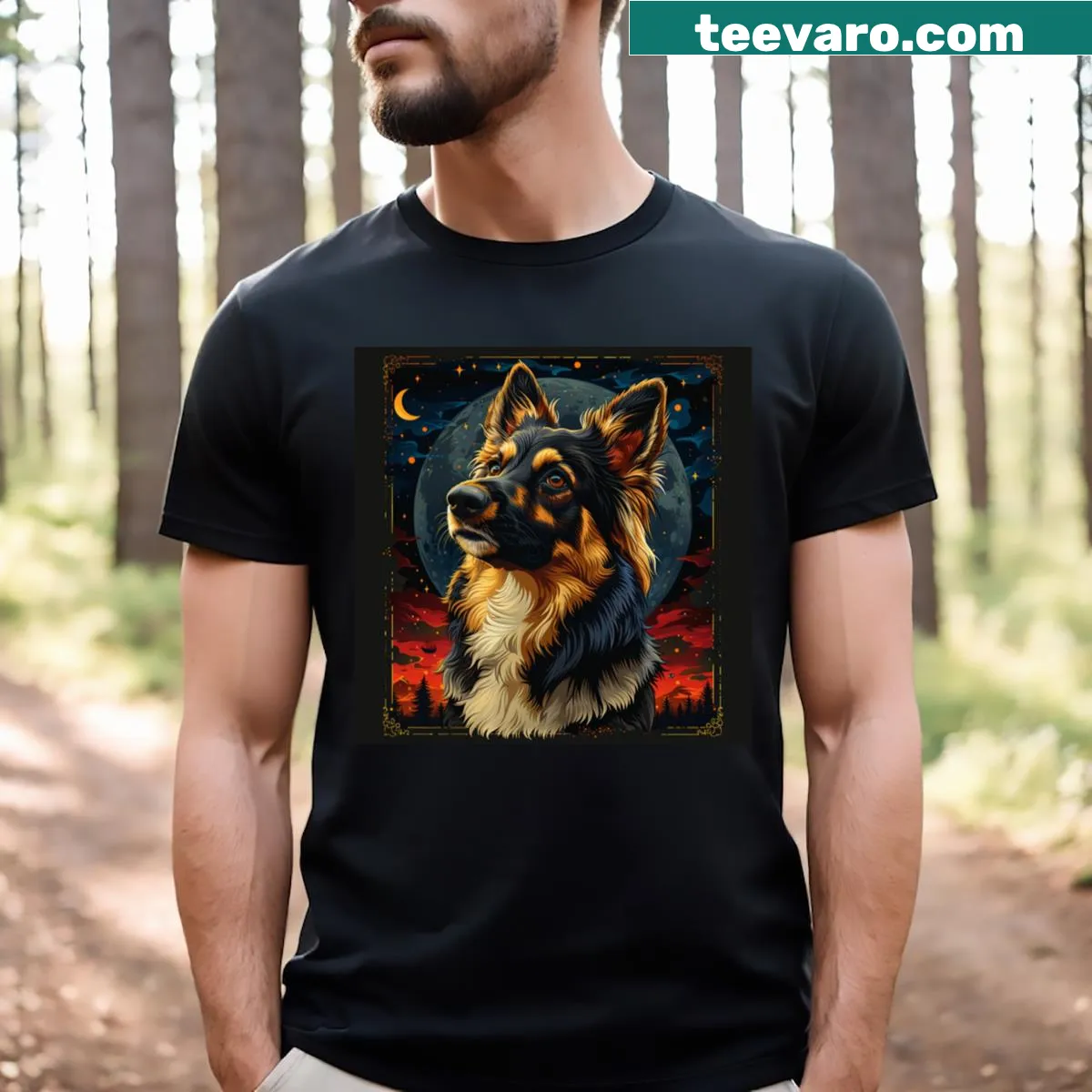 German Shepherd graphic with moons and stars illustration — on a men's t-shirt