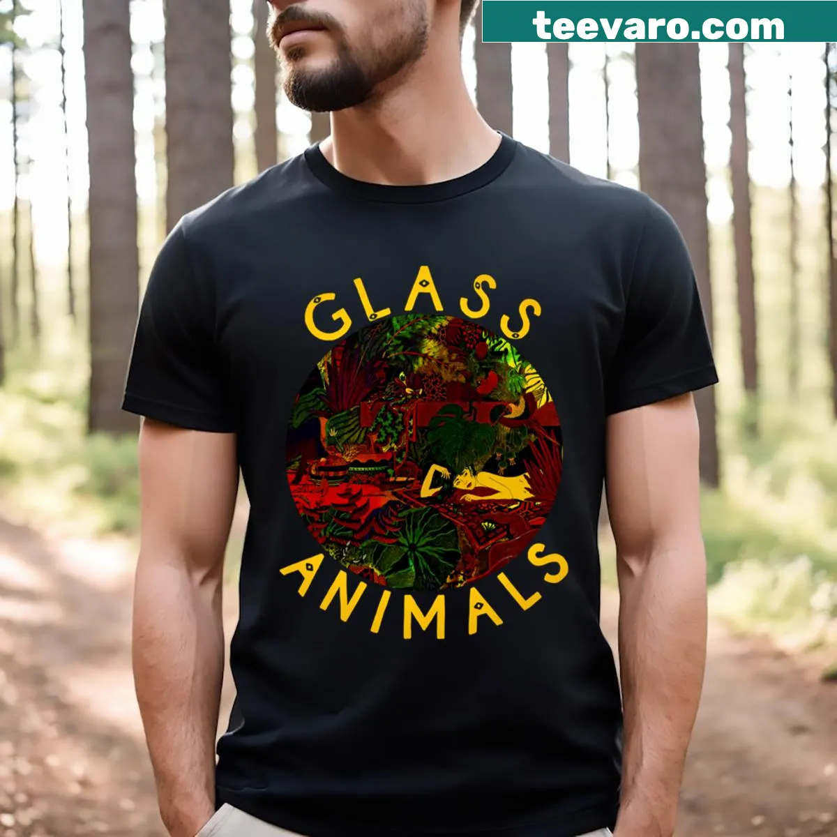Fitted scoop T-shirt featuring imagery related to Glass Animals — on a men's t-shirt