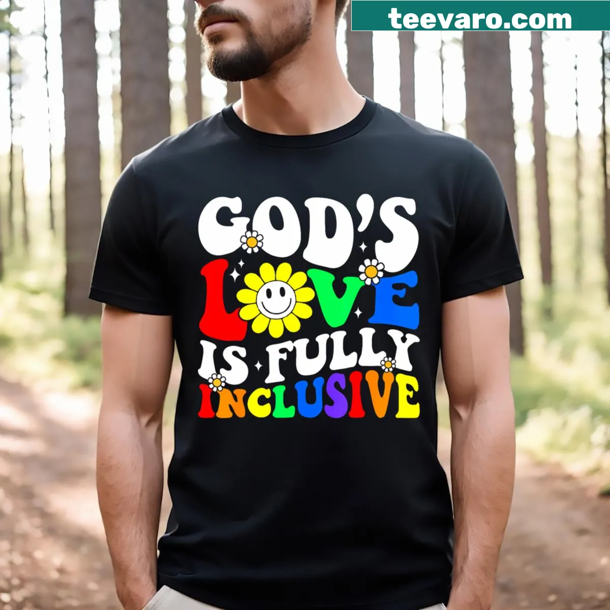 T-shirt promoting inclusivity with 'God's Love Is Fully Inclusive' text — on a men's t-shirt
