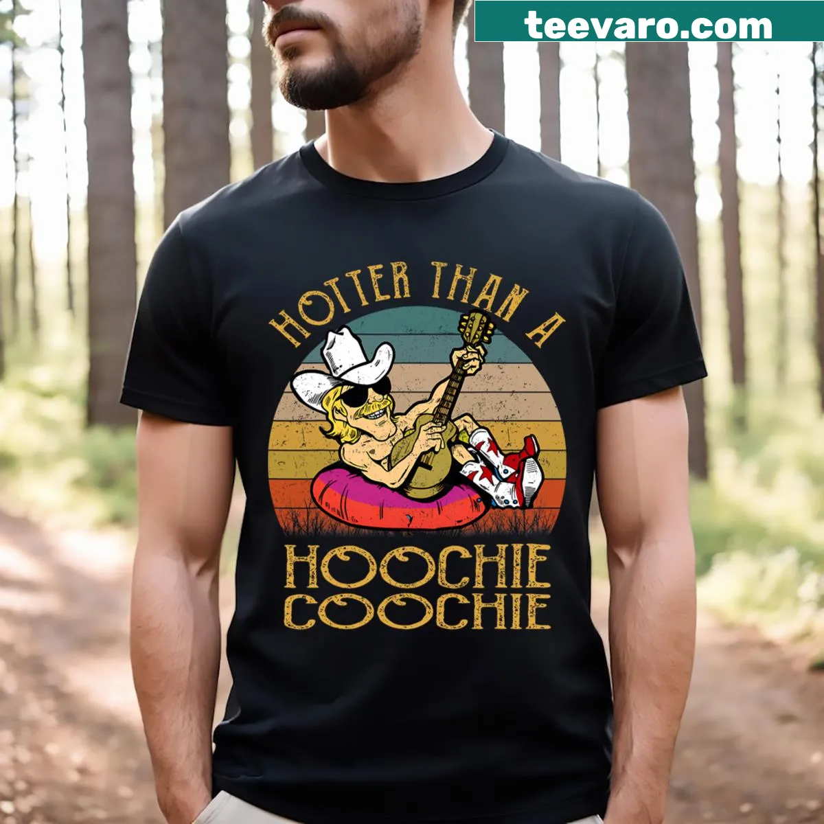 Funny typography T-shirt with 'Hotter Than A Hoochie Coochie' text — on a men's t-shirt