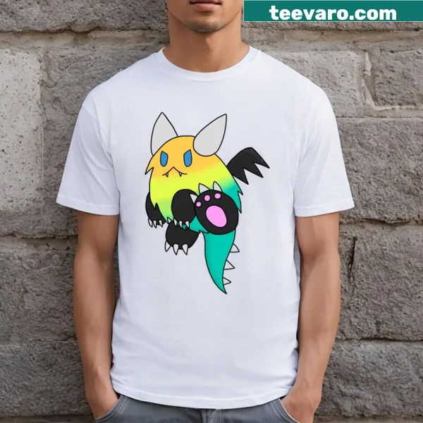 Cartoon-style hovering palette monster graphic on T-shirt