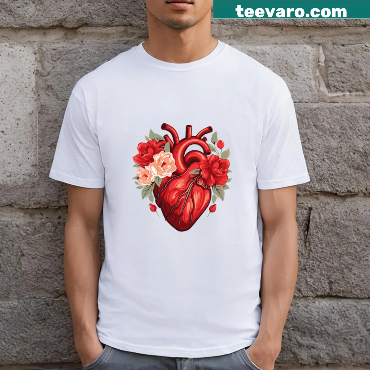 Graphic of a human heart surrounded by roses on a T-shirt — on a men's t-shirt