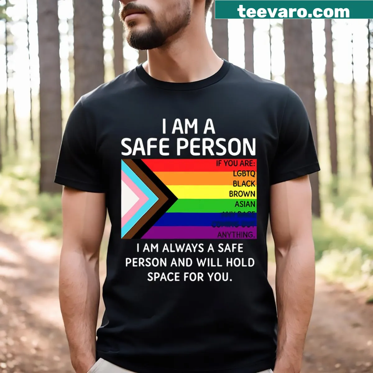 LGBTQ ally shirt with rainbow flag illustration and supportive text — on a men's t-shirt