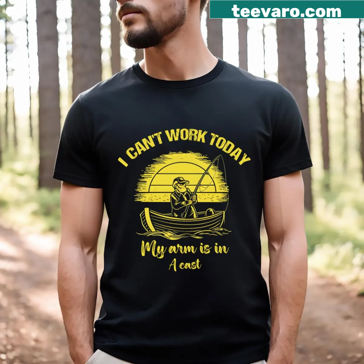 Funny fishing-themed shirt with humorous text about being in a cast — on a men's t-shirt