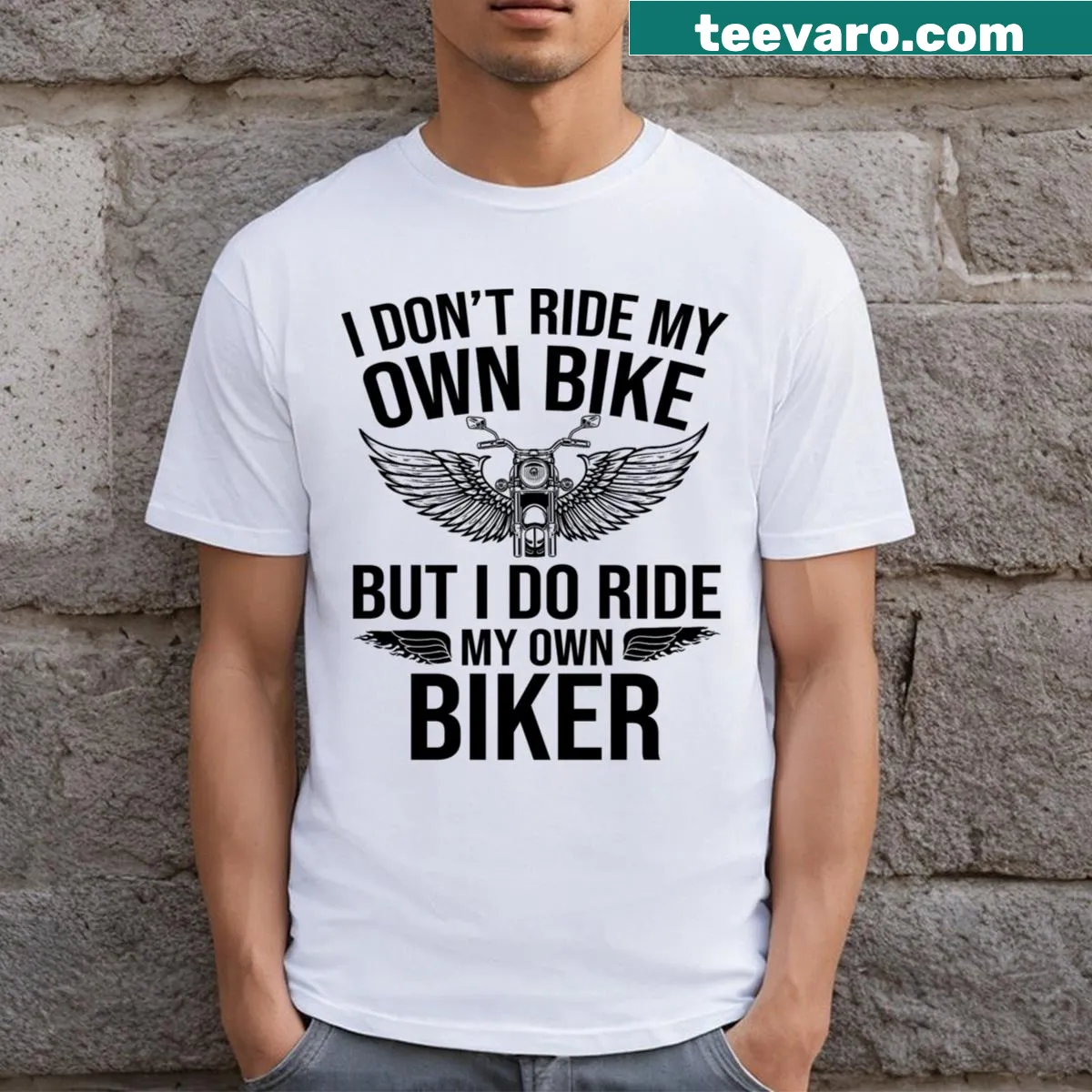 Funny t-shirt with a cartoon of a biker riding on the back — on a men's t-shirt