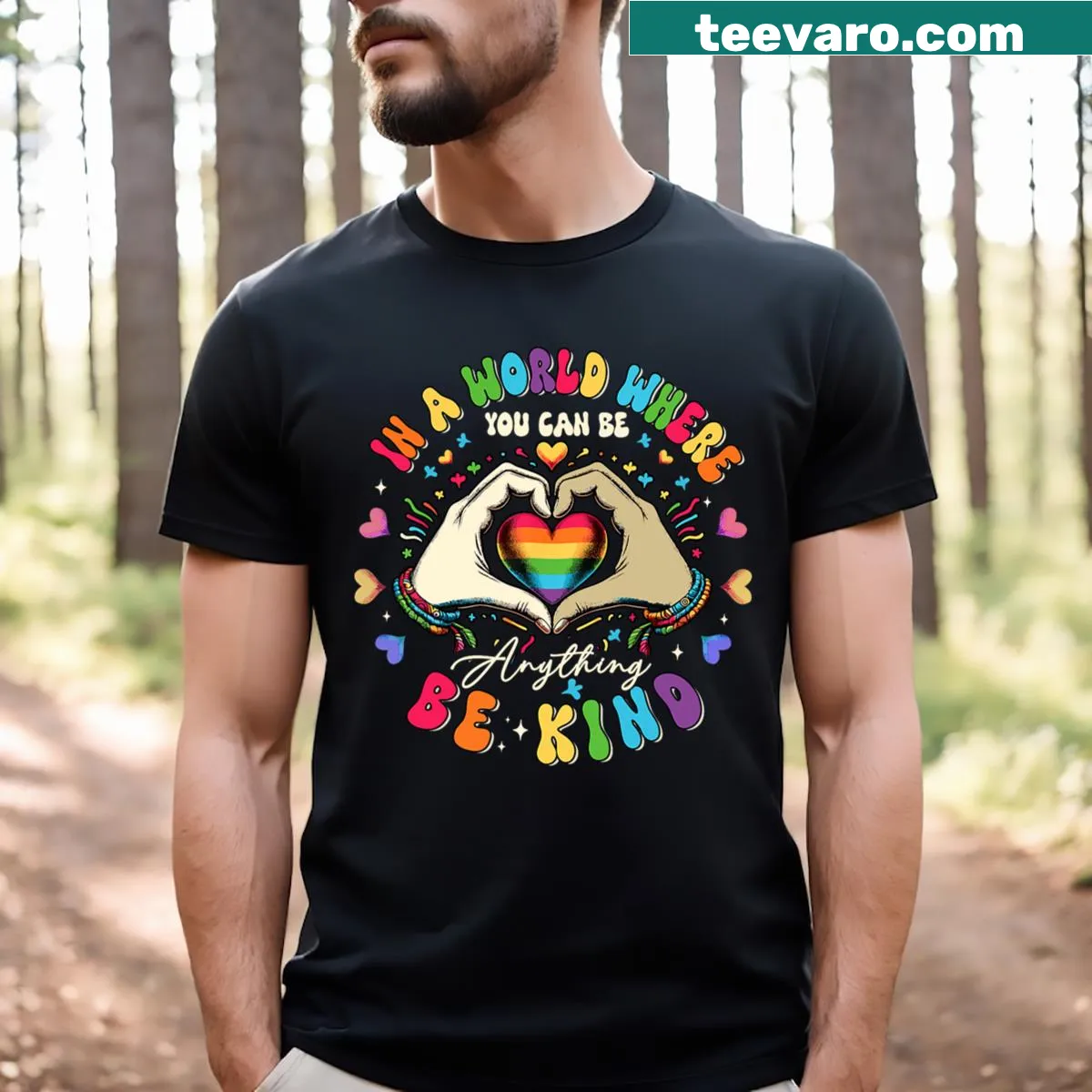 Inspirational typography design promoting kindness on T-shirt — on a men's t-shirt