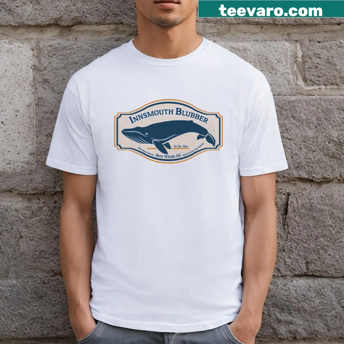 Whimsical illustration of whale oil on a casual t-shirt — on a men's t-shirt