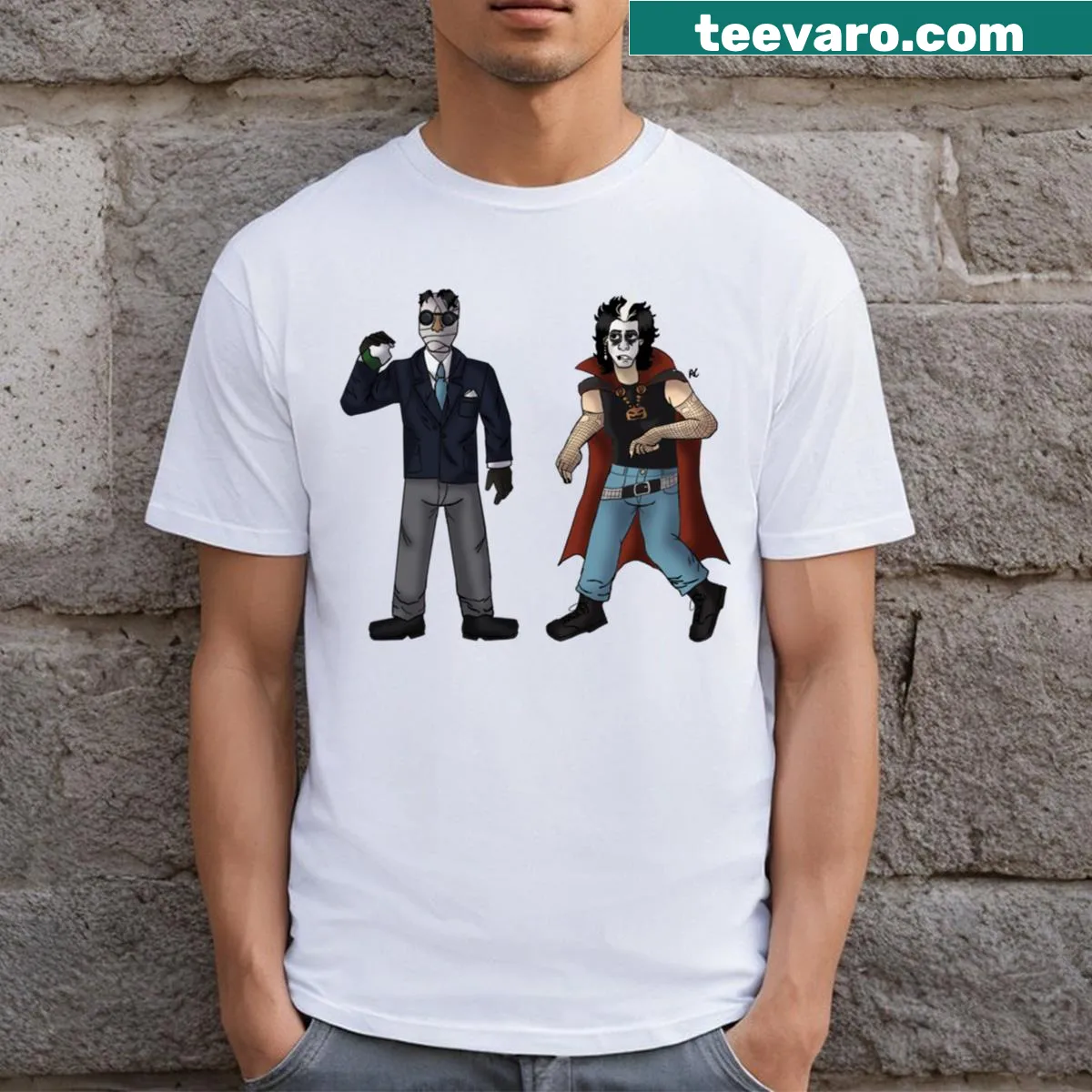 Illustrated T-shirt featuring Invisible Man and Count Crowley in bold graphics. — on a men's t-shirt