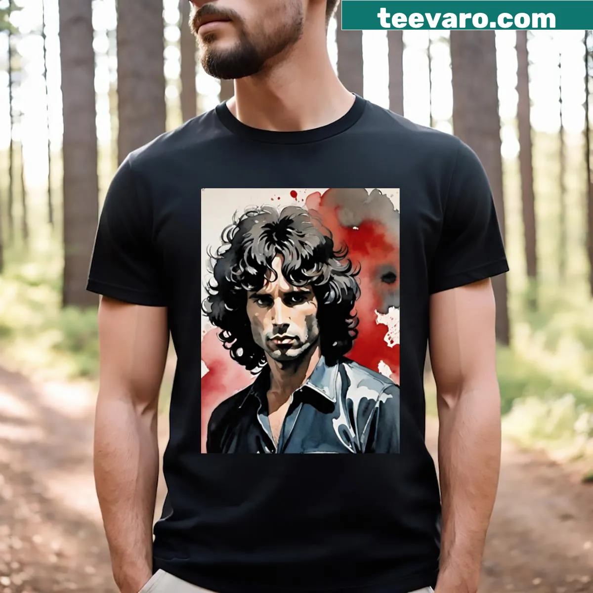T-shirt featuring Jim Morrison artwork as Theamericanpoet — on a men's t-shirt