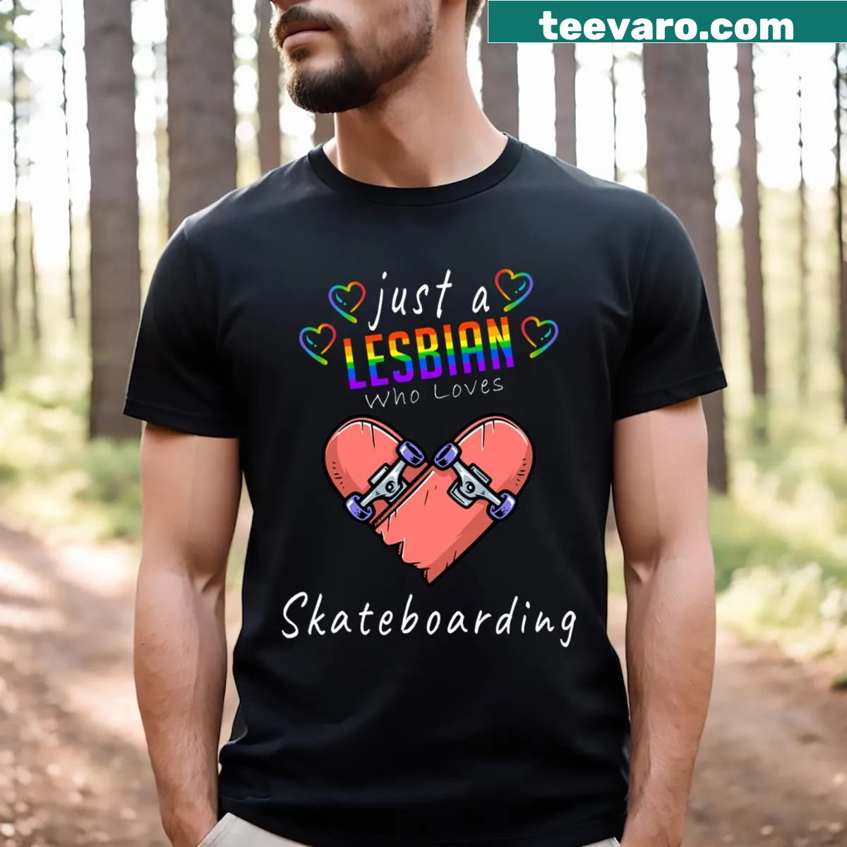 Lesbian skateboarding pride T-shirt with playful typography — on a men's t-shirt