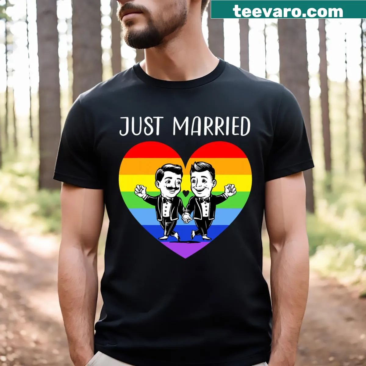 T-shirt featuring the text Just Married with a rainbow design for LGBTQ+ couples — on a men's t-shirt