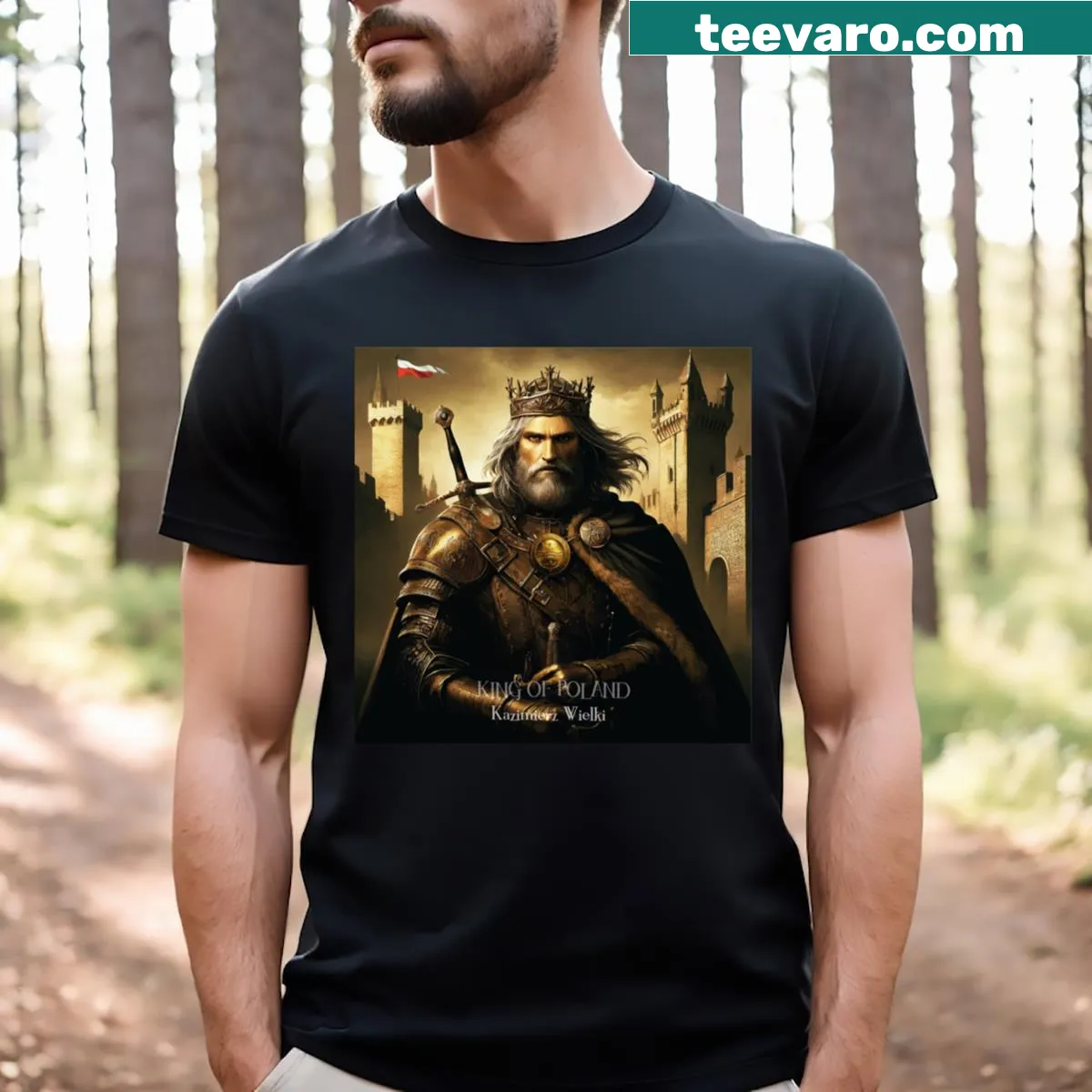 T-shirt honoring Kazimierz Wielki, the King of Poland — on a men's t-shirt