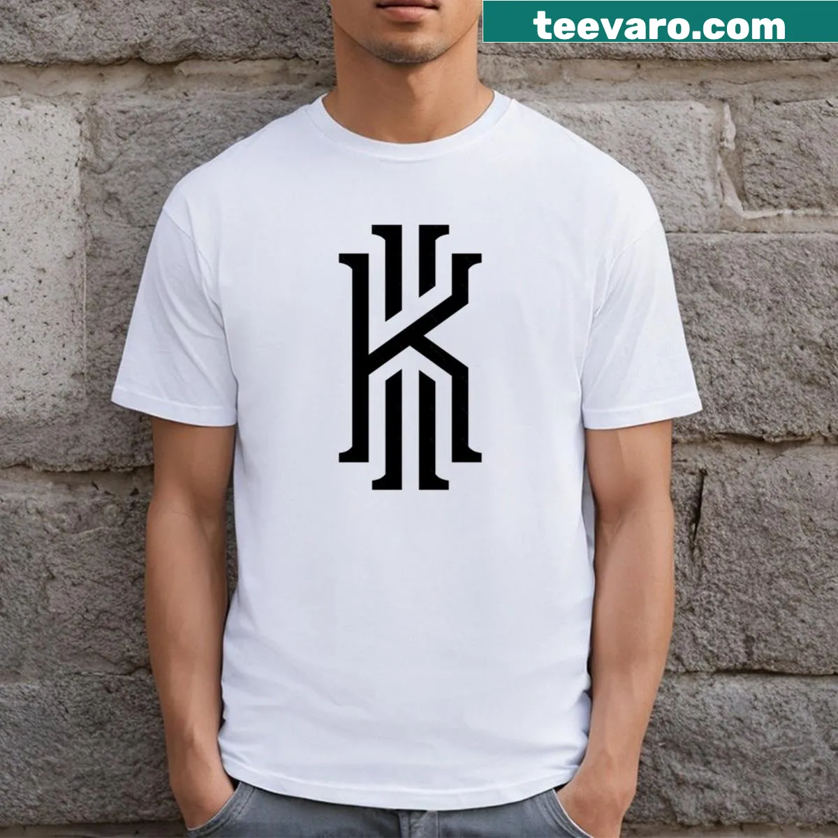 Kyrie Irving logo printed on a T-shirt in bold typography — on a men's t-shirt