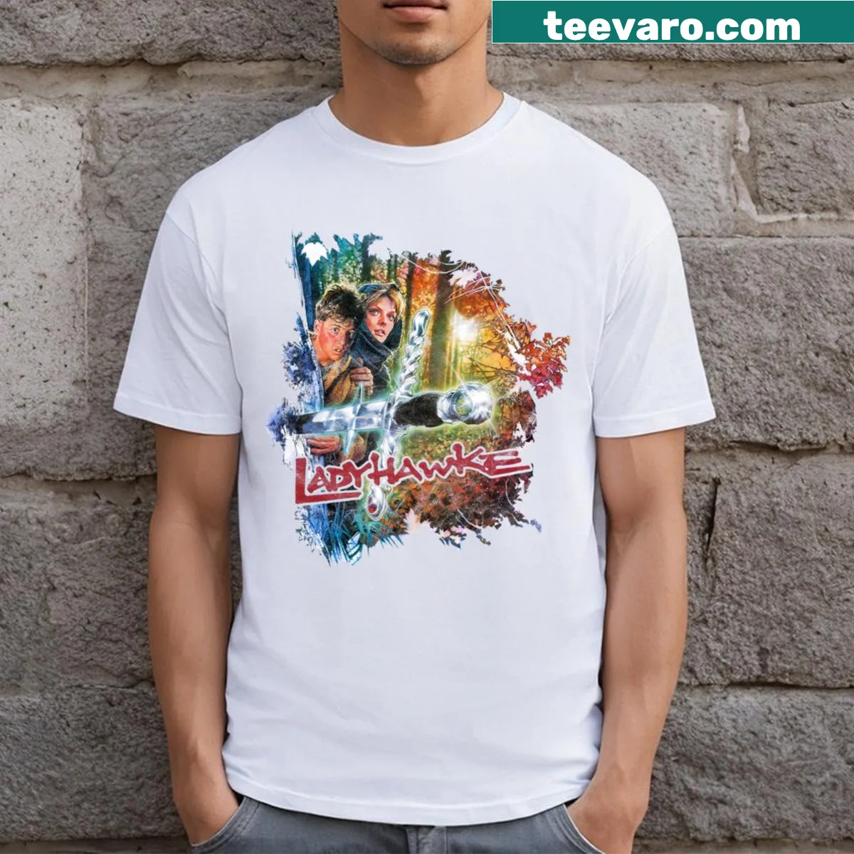 Typography design of Ladyhawke from 80s movies on a T-shirt — on a men's t-shirt