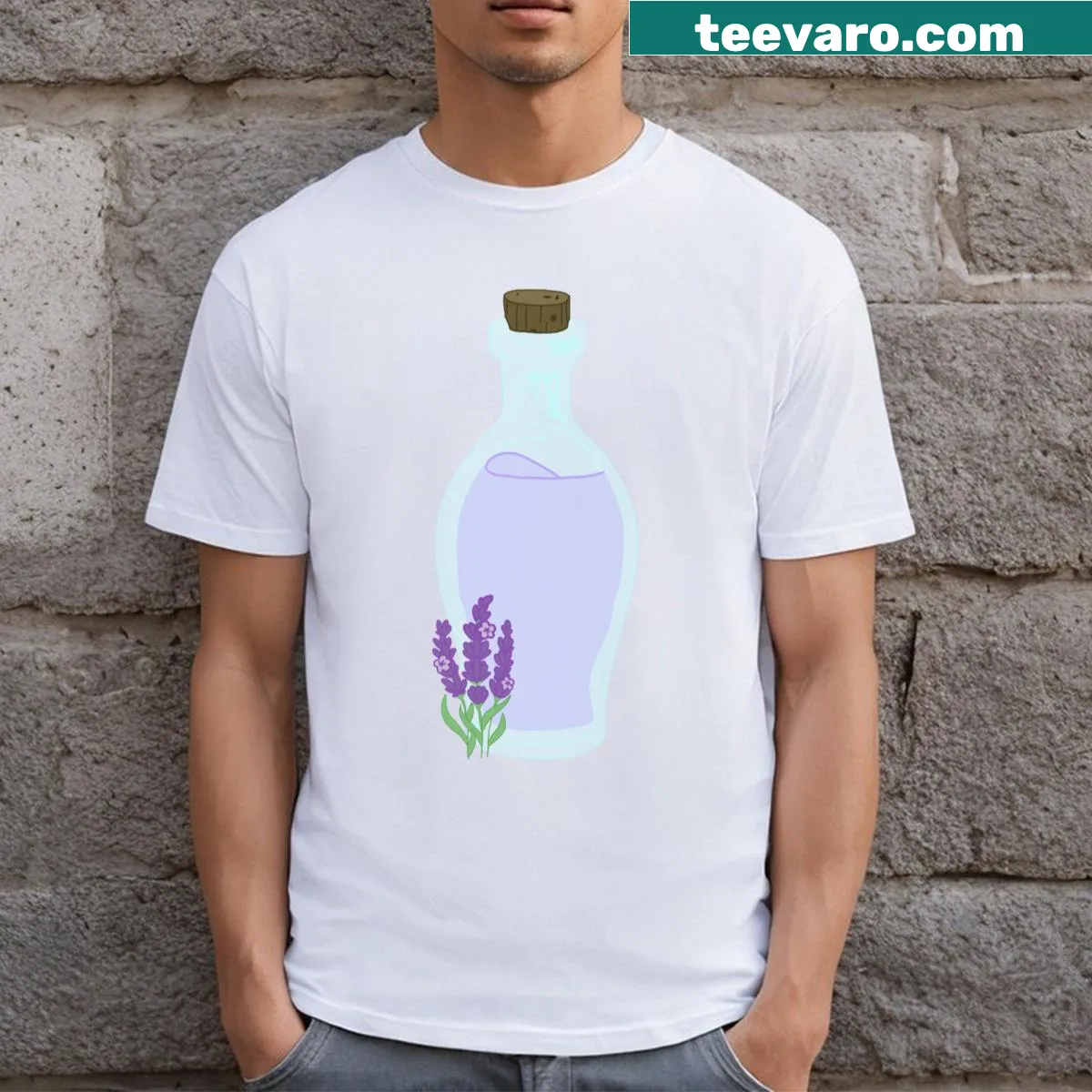 Whimsical illustration of lavender flowers in a bottle on t-shirt — on a men's t-shirt