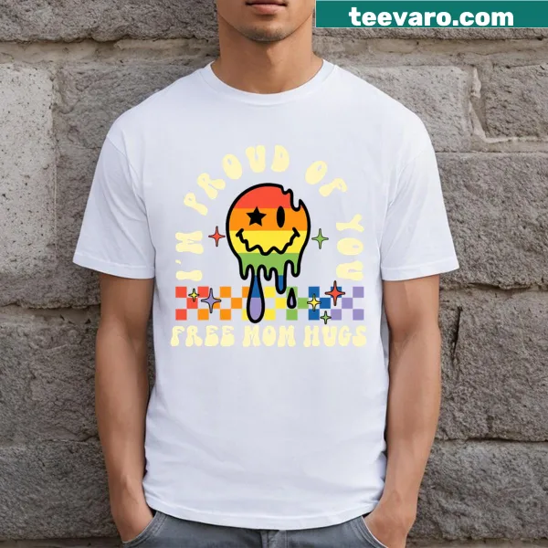 Retro-style T-shirt with 'Free Mom Hugs' text celebrating LGBTQ pride