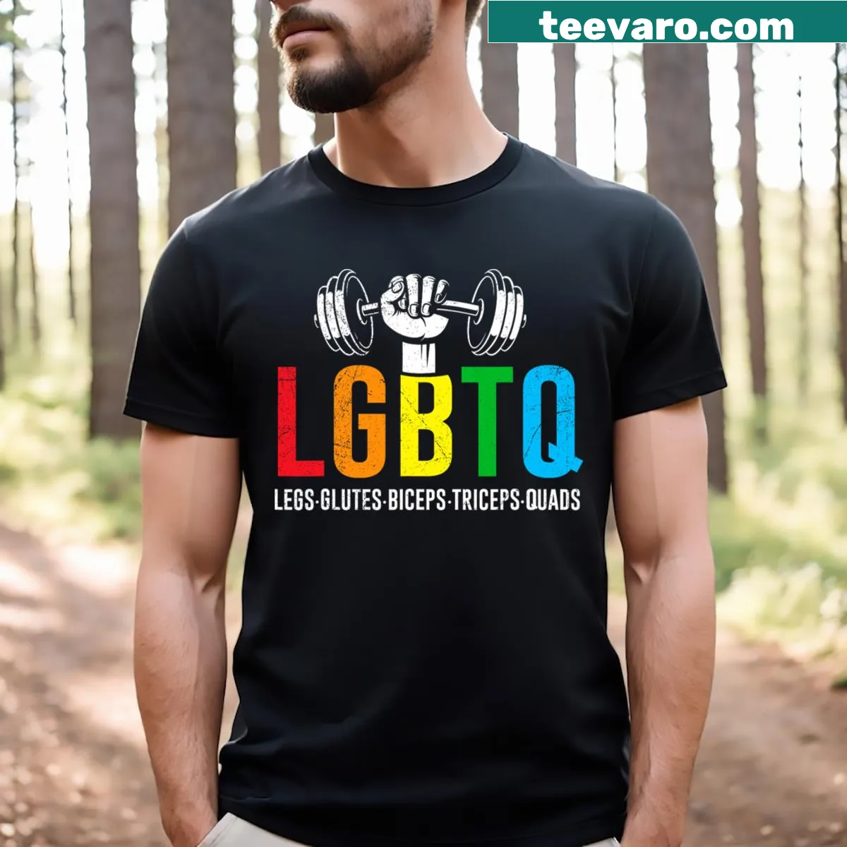 Fitness-themed T-shirt with LGBTQ flag and muscle groups — on a men's t-shirt