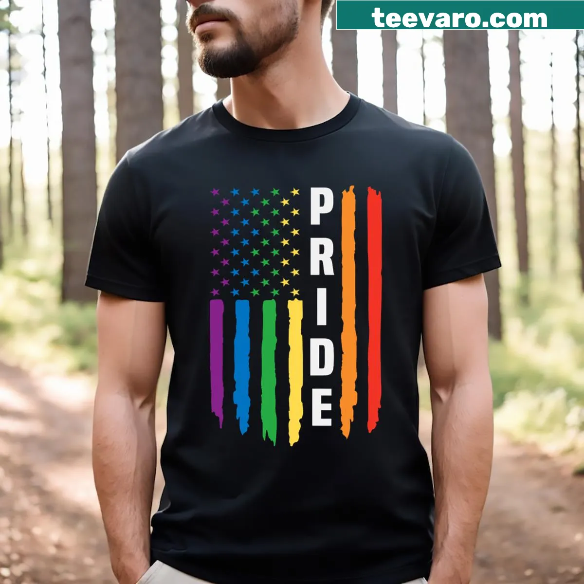 American flag design combined with a rainbow for LGBTQ pride — on a men's t-shirt