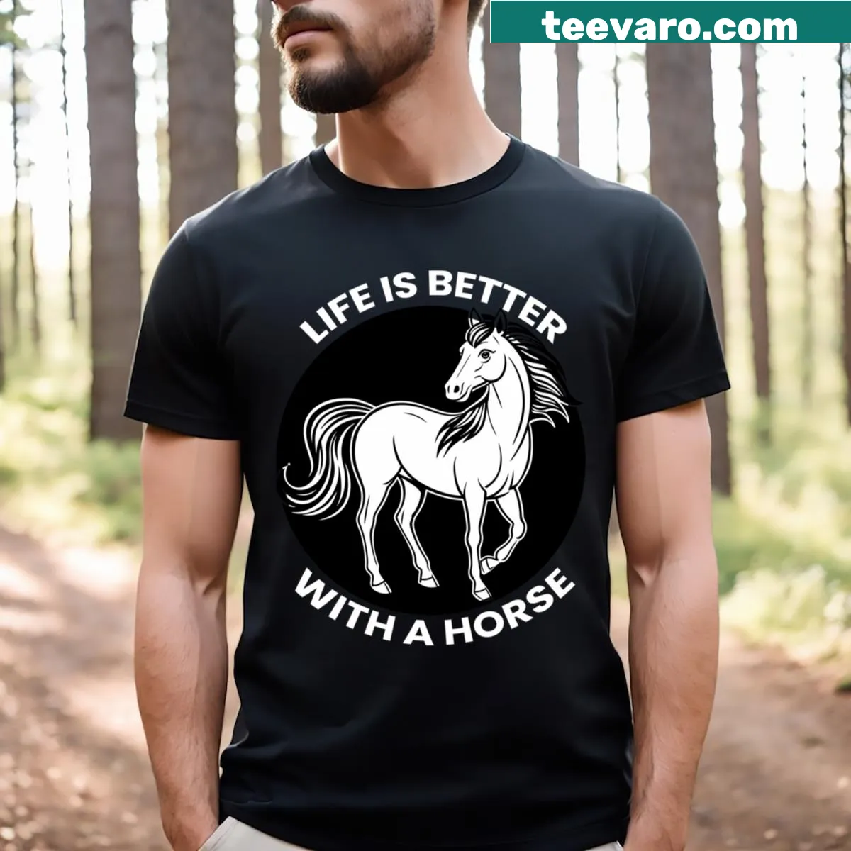 T-shirt displaying Life Is Better With A Horse text — on a men's t-shirt