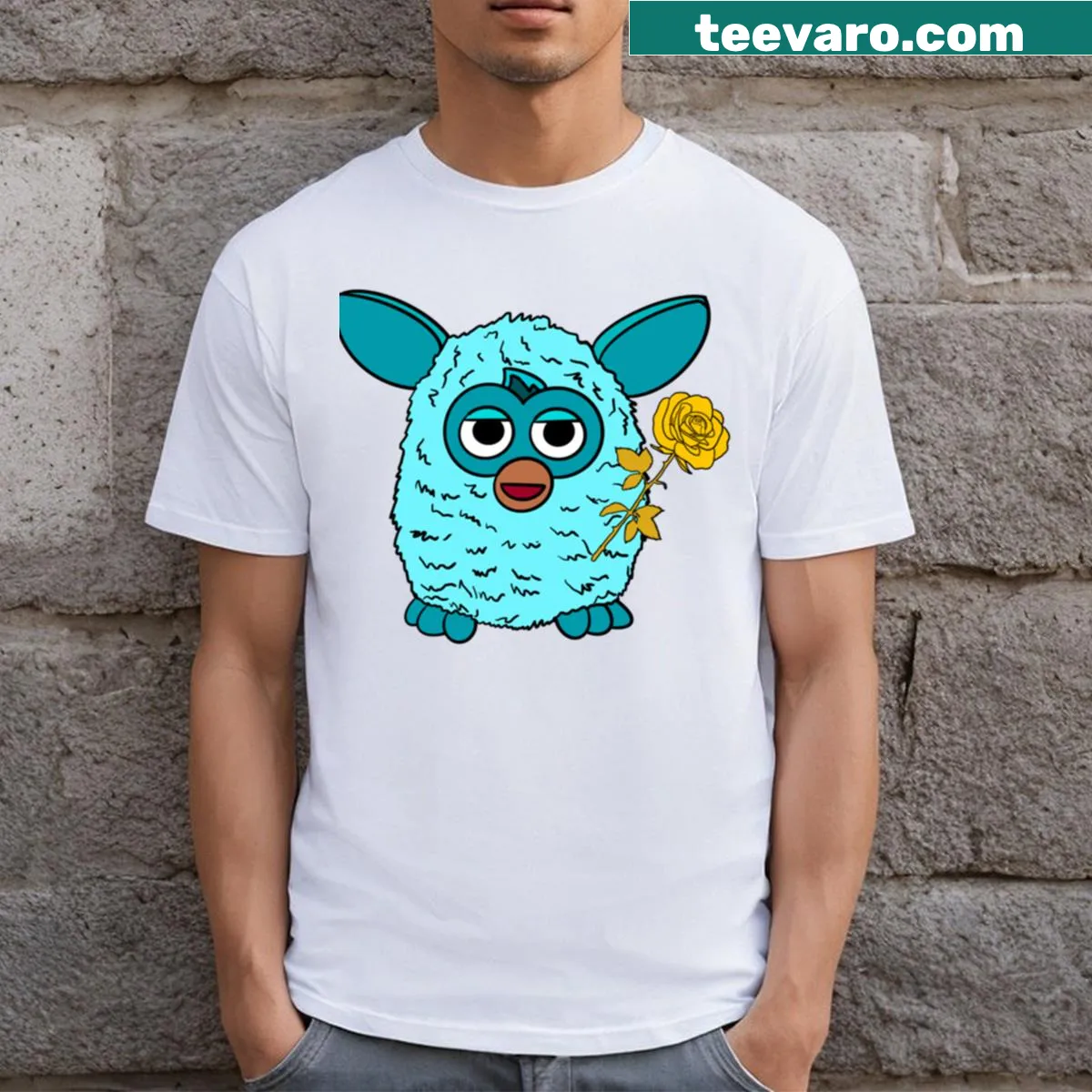 Whimsical T-shirt featuring a Furby inspired by Aphrodite — on a men's t-shirt