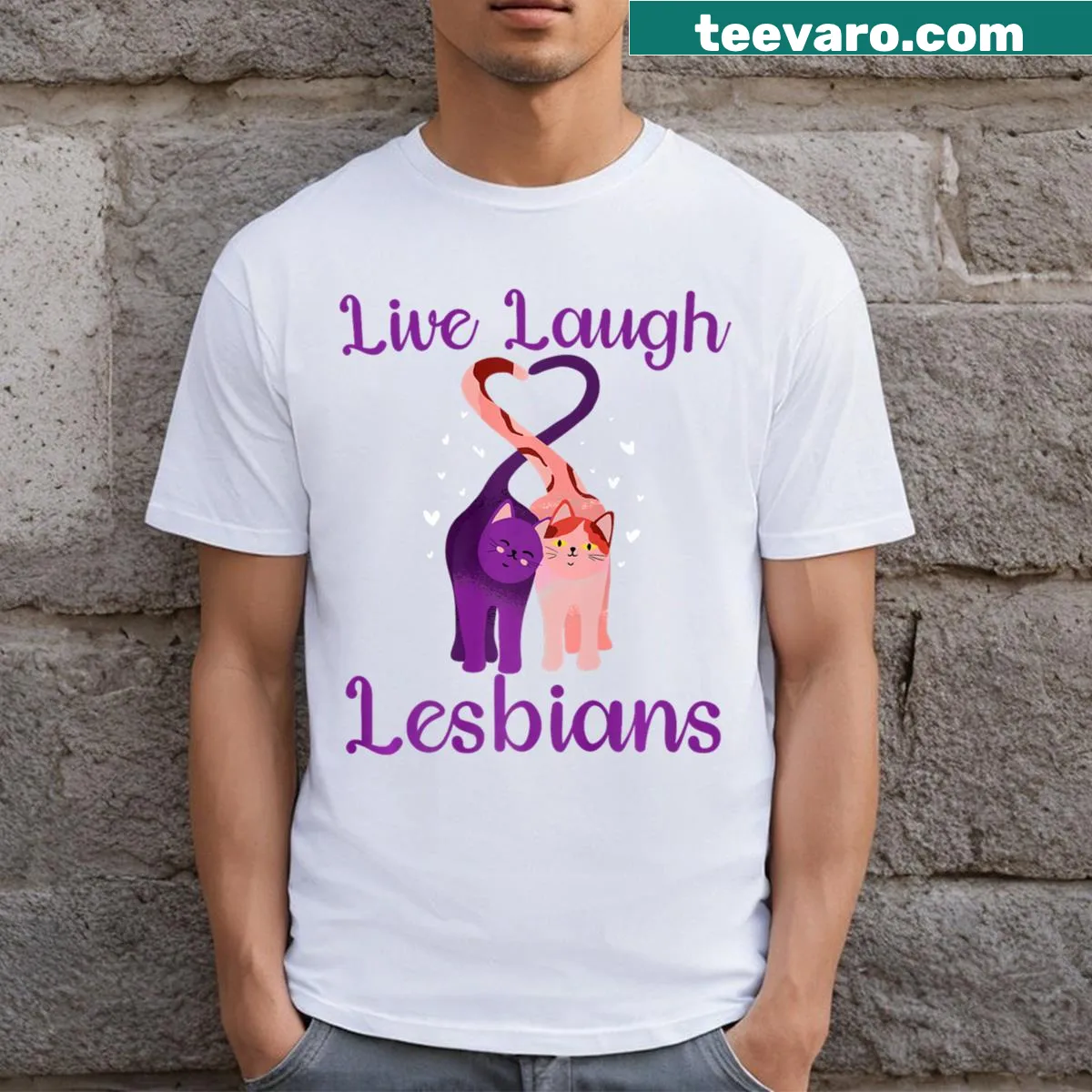 Playful typography t-shirt celebrating love and lesbian couples with cats — on a men's t-shirt
