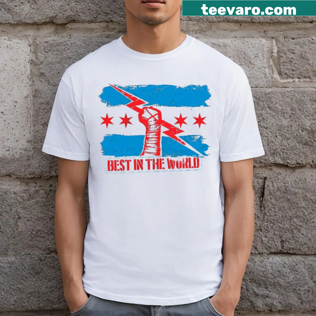 Graphic T-shirt featuring CM Punk logo — on a men's t-shirt