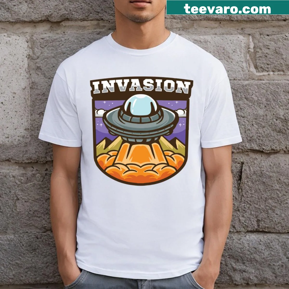 UFO graphic T-shirt with beams of light and space background — on a men's t-shirt