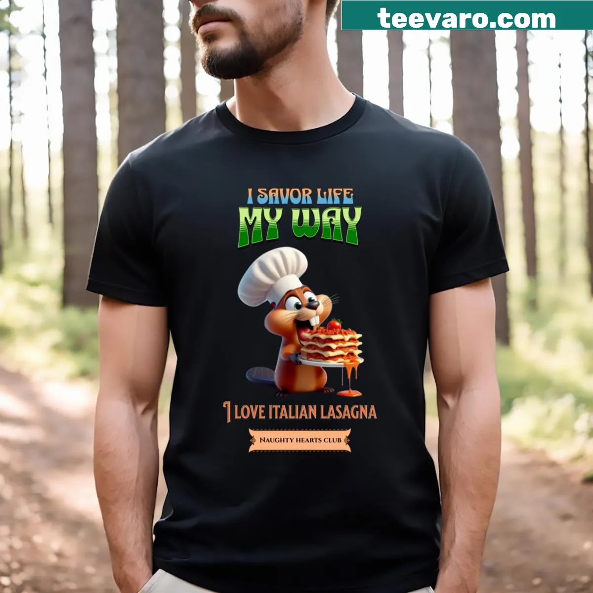 Cute cartoon beaver chef enjoying lasagna on t-shirt — on a men's t-shirt