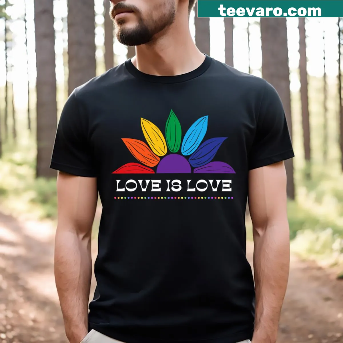 LGBTQ Pride t-shirt with rainbow and sunflower design — on a men's t-shirt