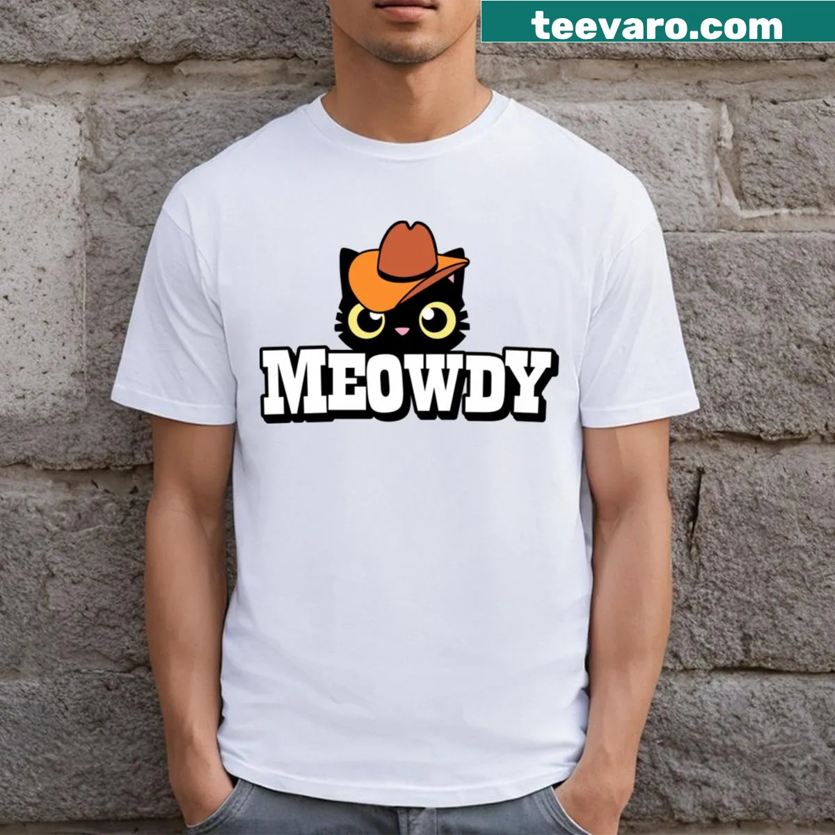 Playful T-shirt with a cartoonish 'Meowdy' greeting — on a men's t-shirt