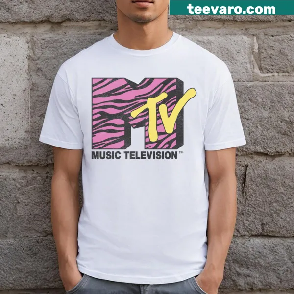 MTV logo filled with zebra pattern on a casual T-shirt