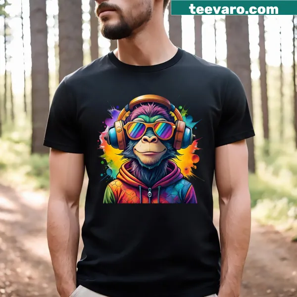 Cartoon monkey with musical notes on t-shirt