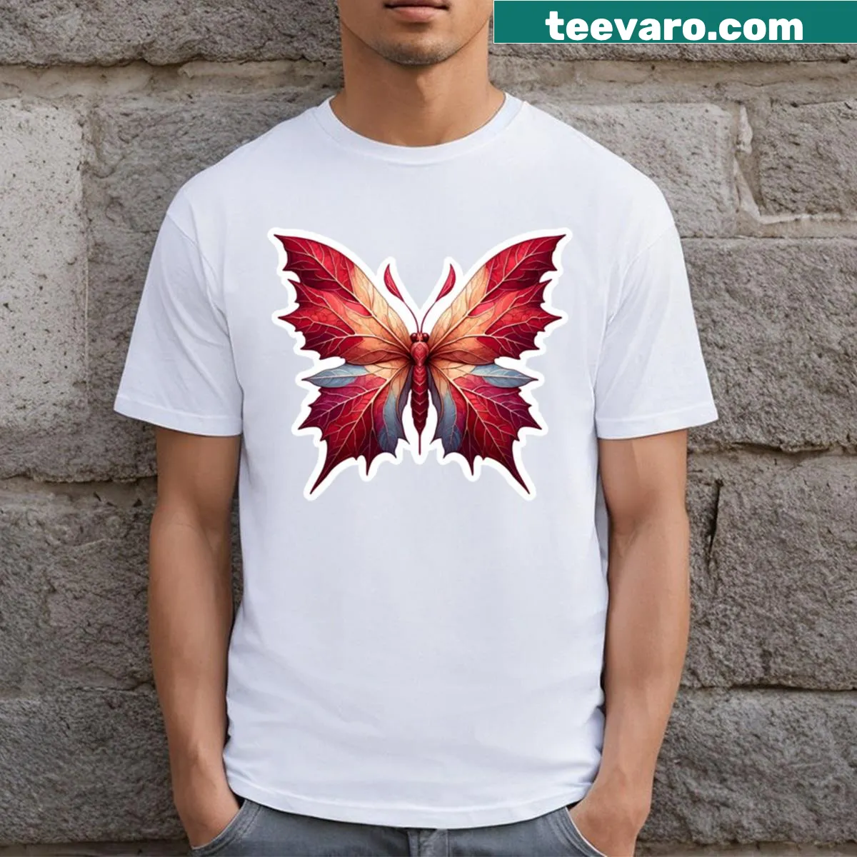 Artistic T-shirt featuring a butterfly and autumn leaves — on a men's t-shirt