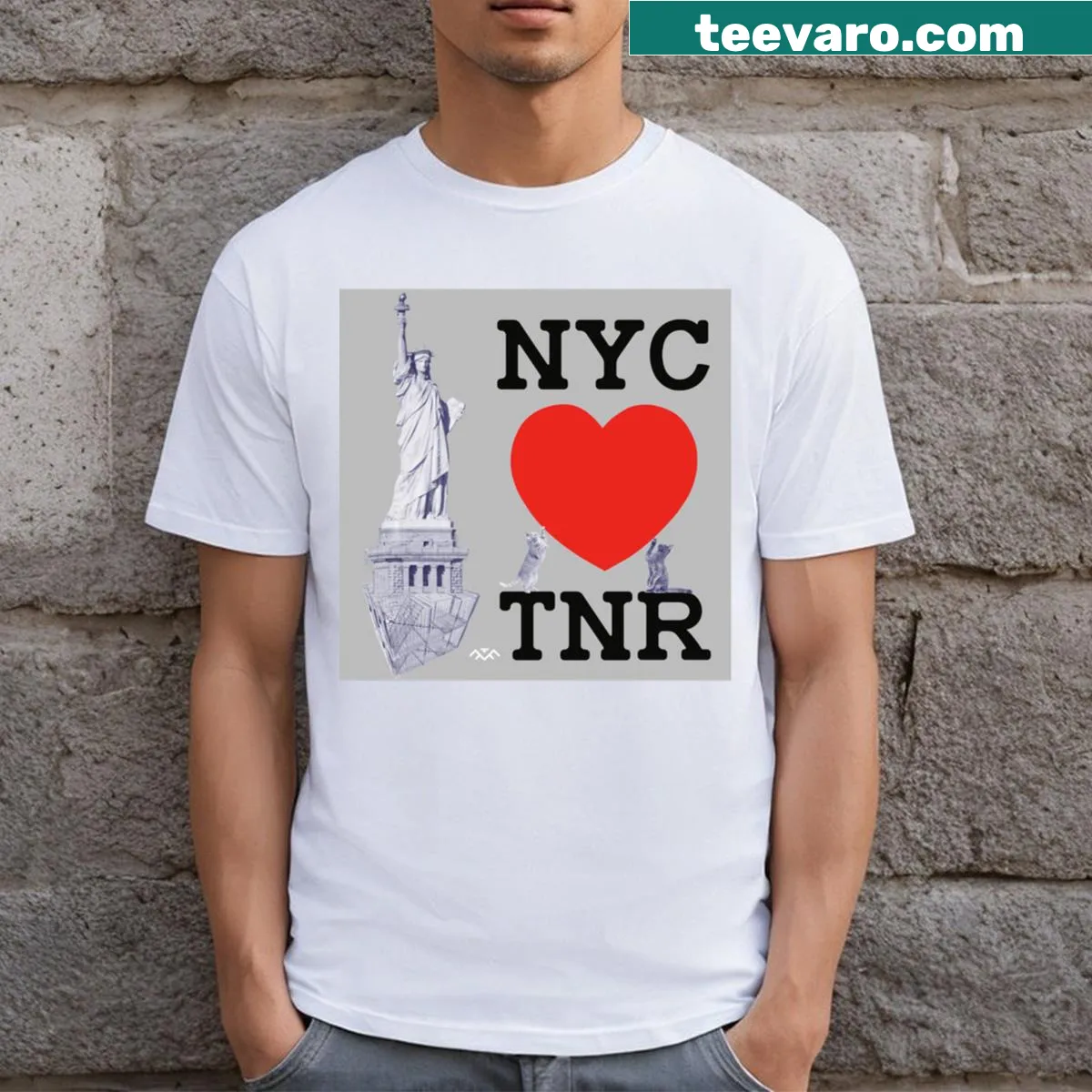 T-shirt featuring design promoting TNR for feral cats — on a men's t-shirt