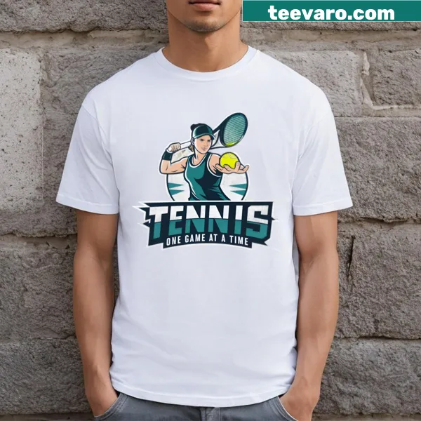 One Game At A Time Tennis logo T-shirt with playful design