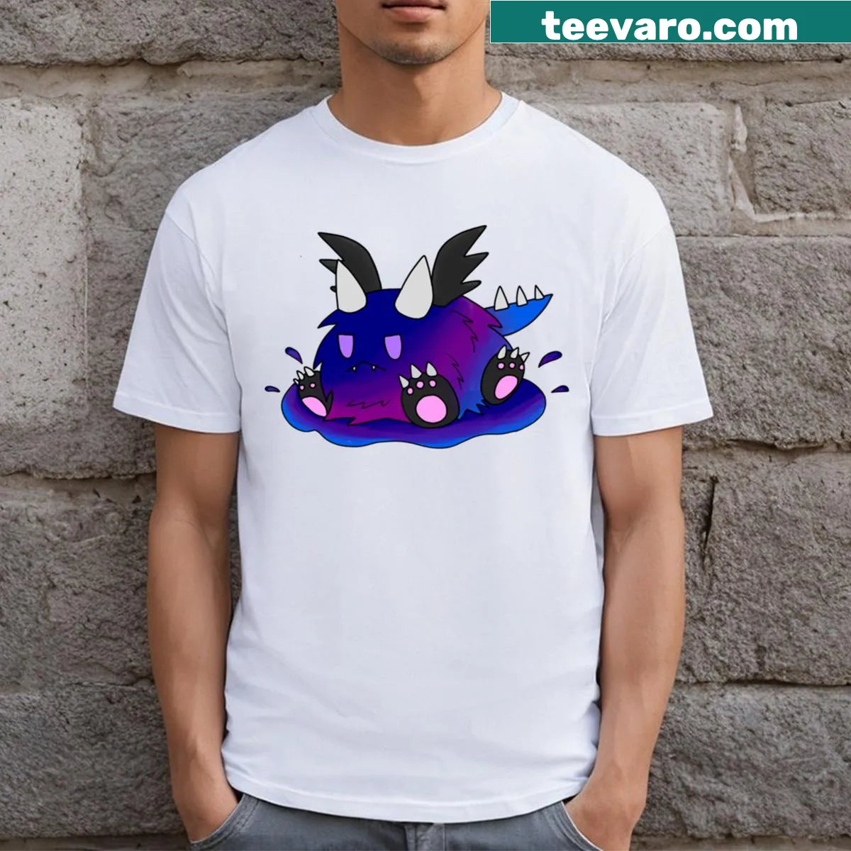 Cute cartoon monster splashing in a puddle — on a men's t-shirt