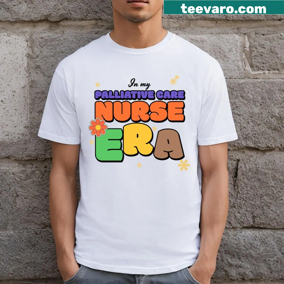 Graphic t-shirt honoring palliative care nurses with a compassionate design. — on a men's t-shirt