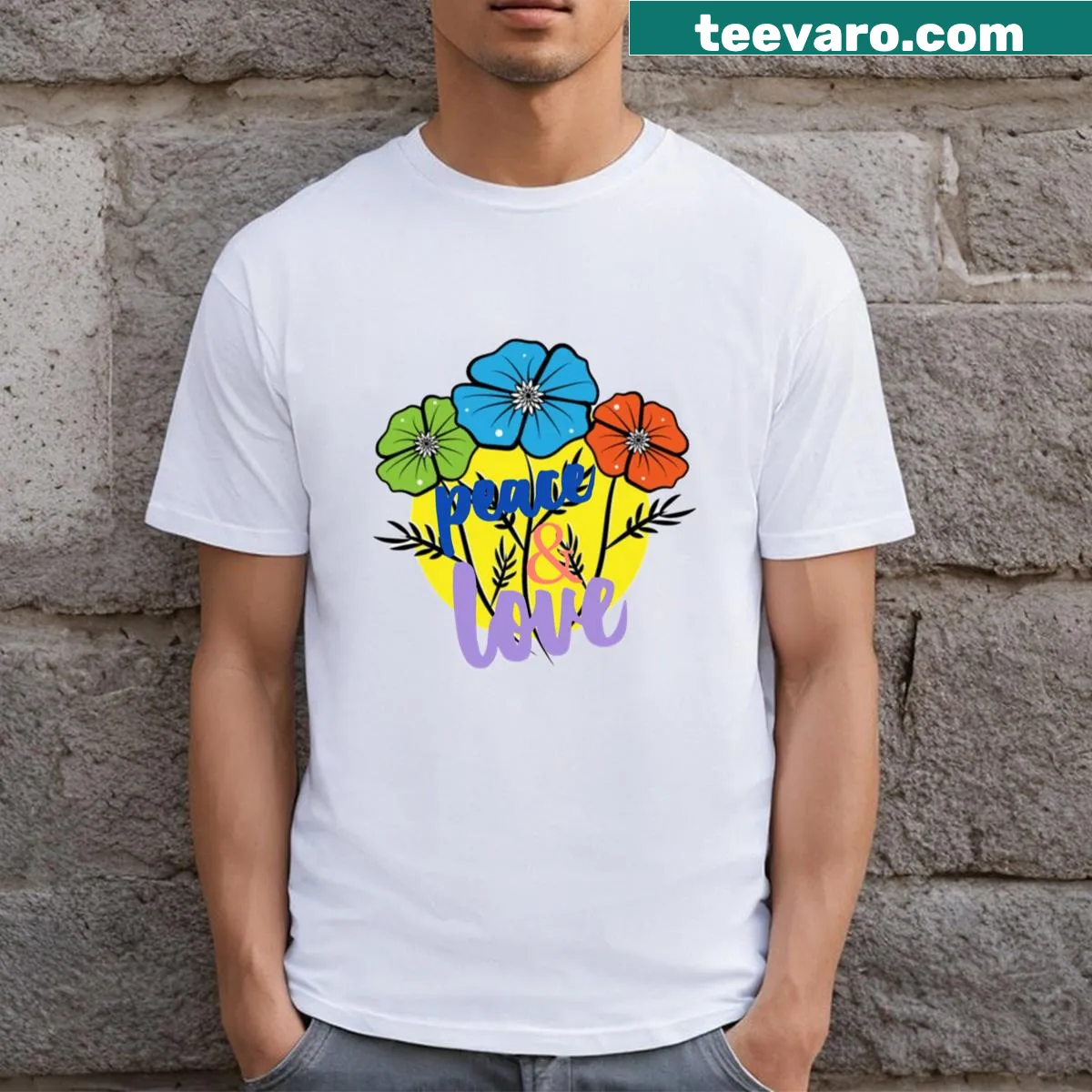 Peace T-shirt featuring a floral illustration with various flowers — on a men's t-shirt