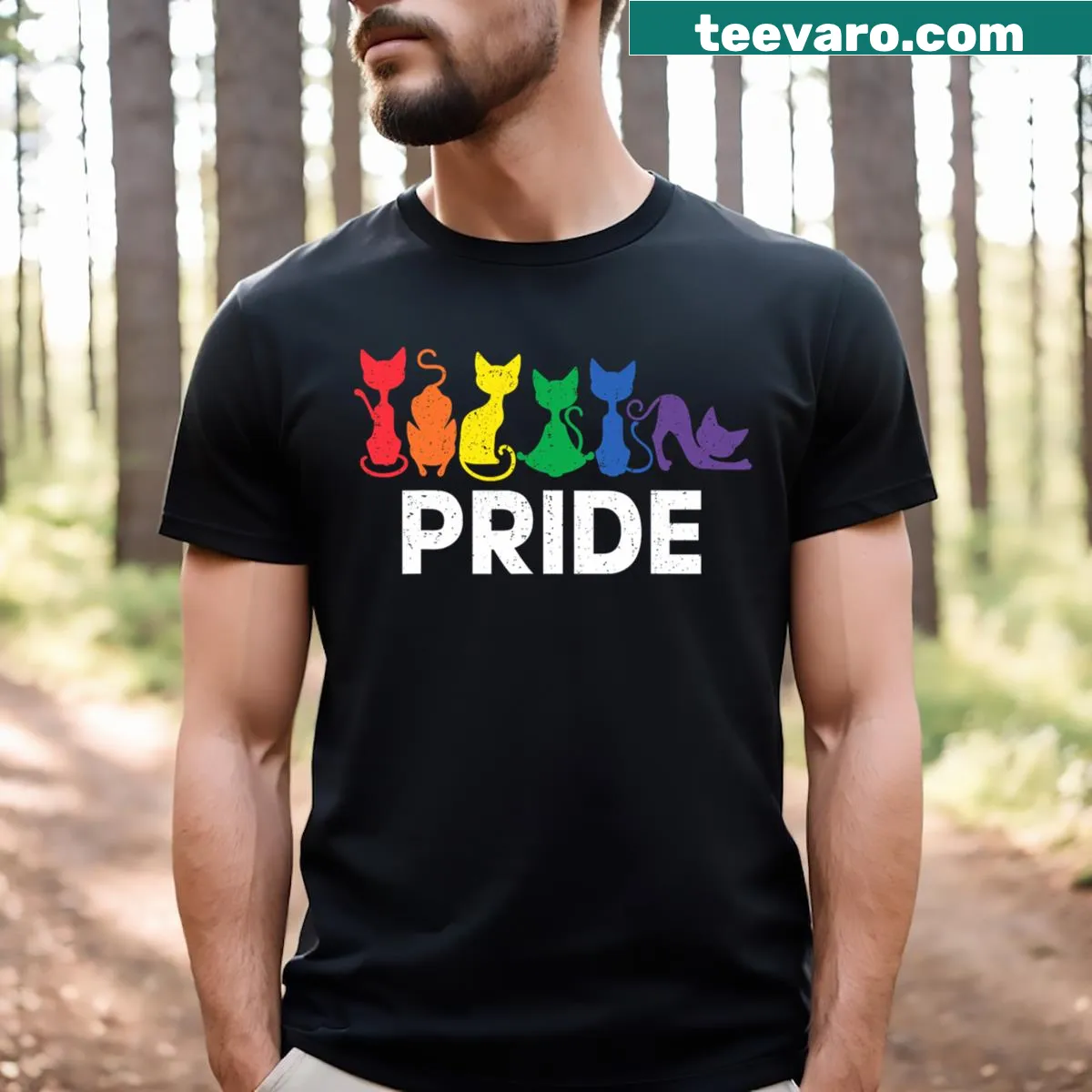 Colorful 'Pride Cat Pride Ally' text with playful graphics. — on a men's t-shirt