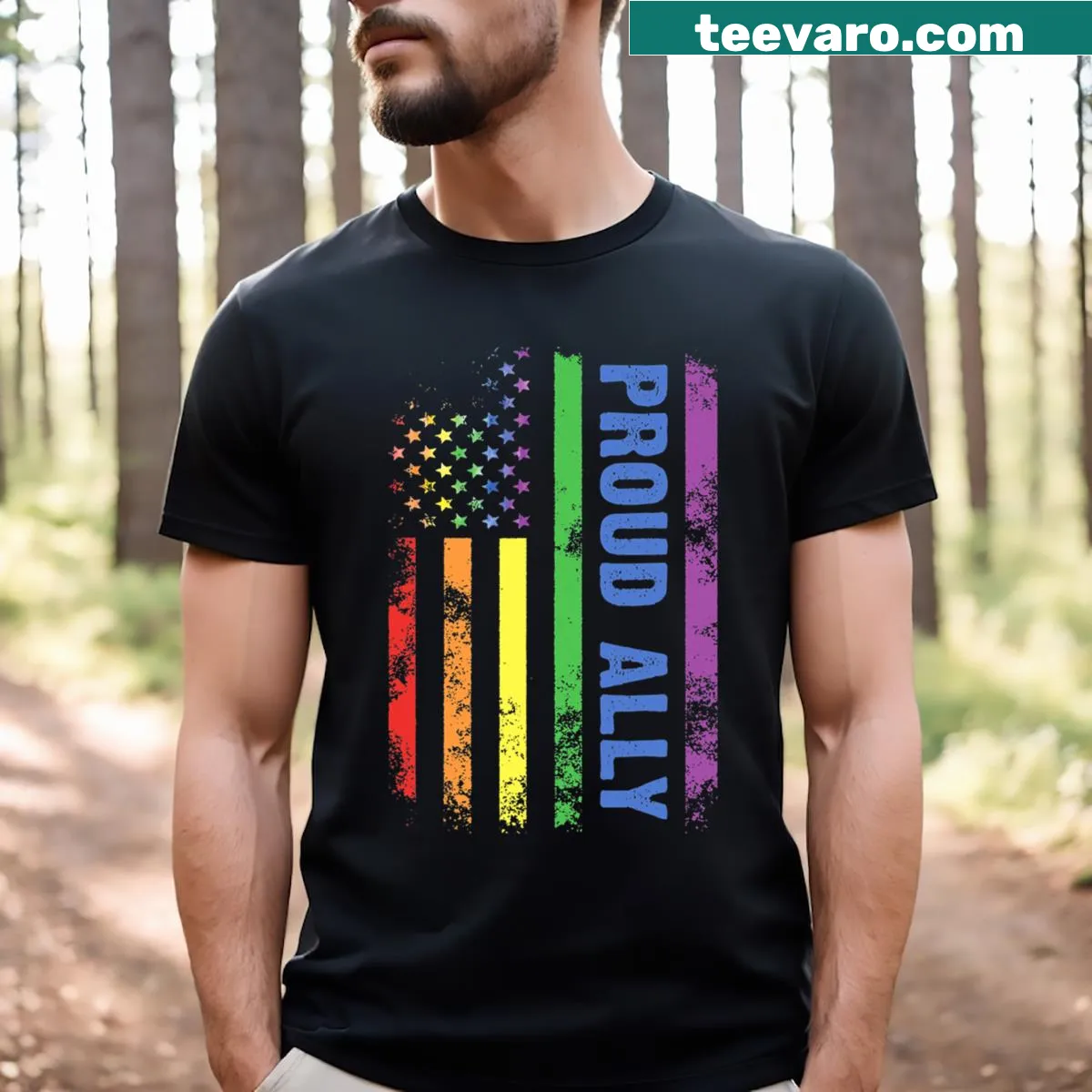Retro rainbow flag graphic on LGBTQ+ pride T-shirt — on a men's t-shirt