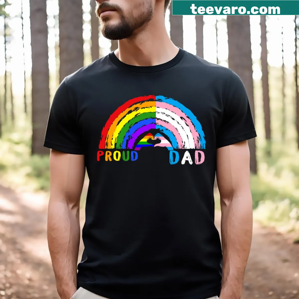 Heartfelt T-shirt with rainbow and transgender flags for proud dads — on a men's t-shirt