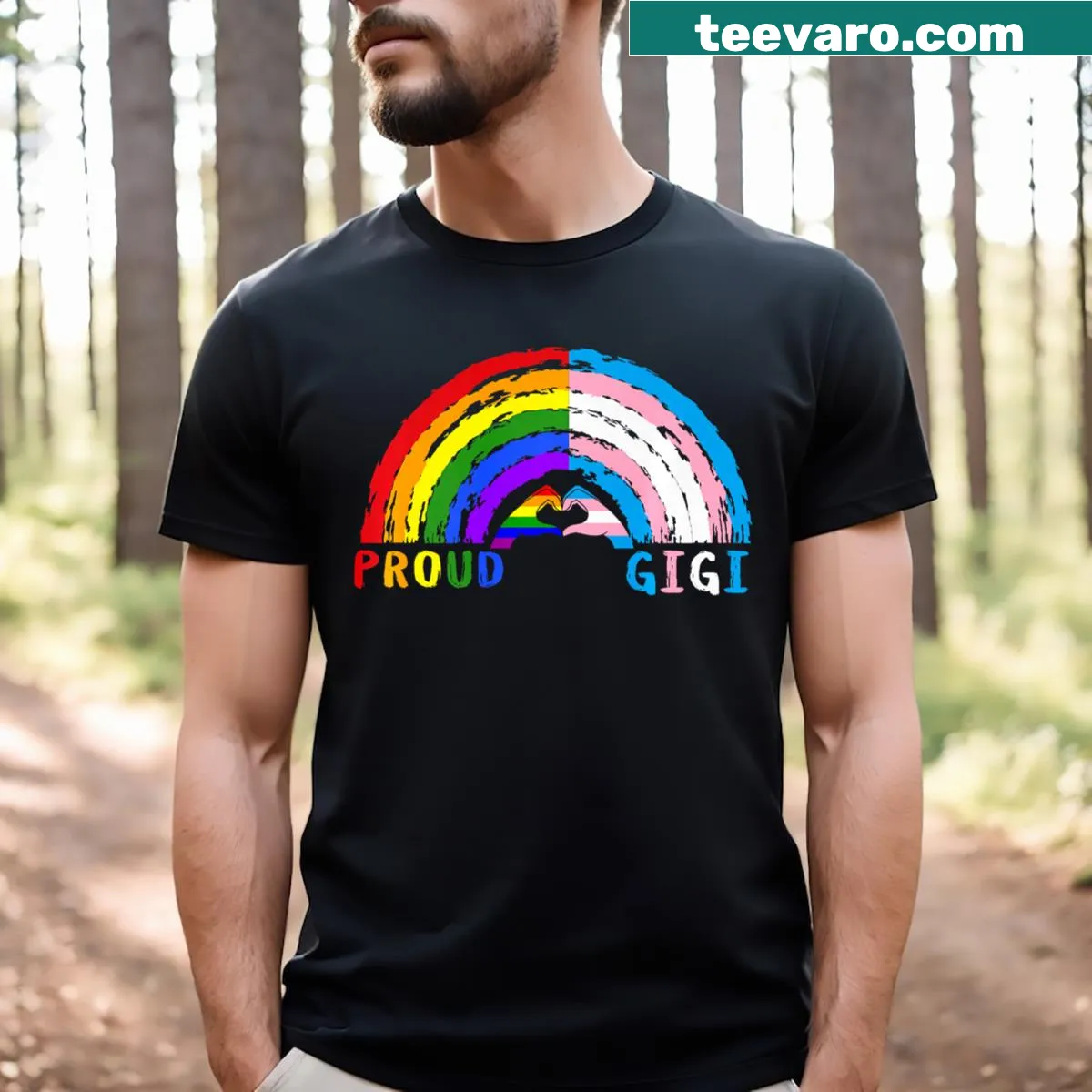 Proud Gigi t-shirt with rainbow and transgender flags in a proud design — on a men's t-shirt