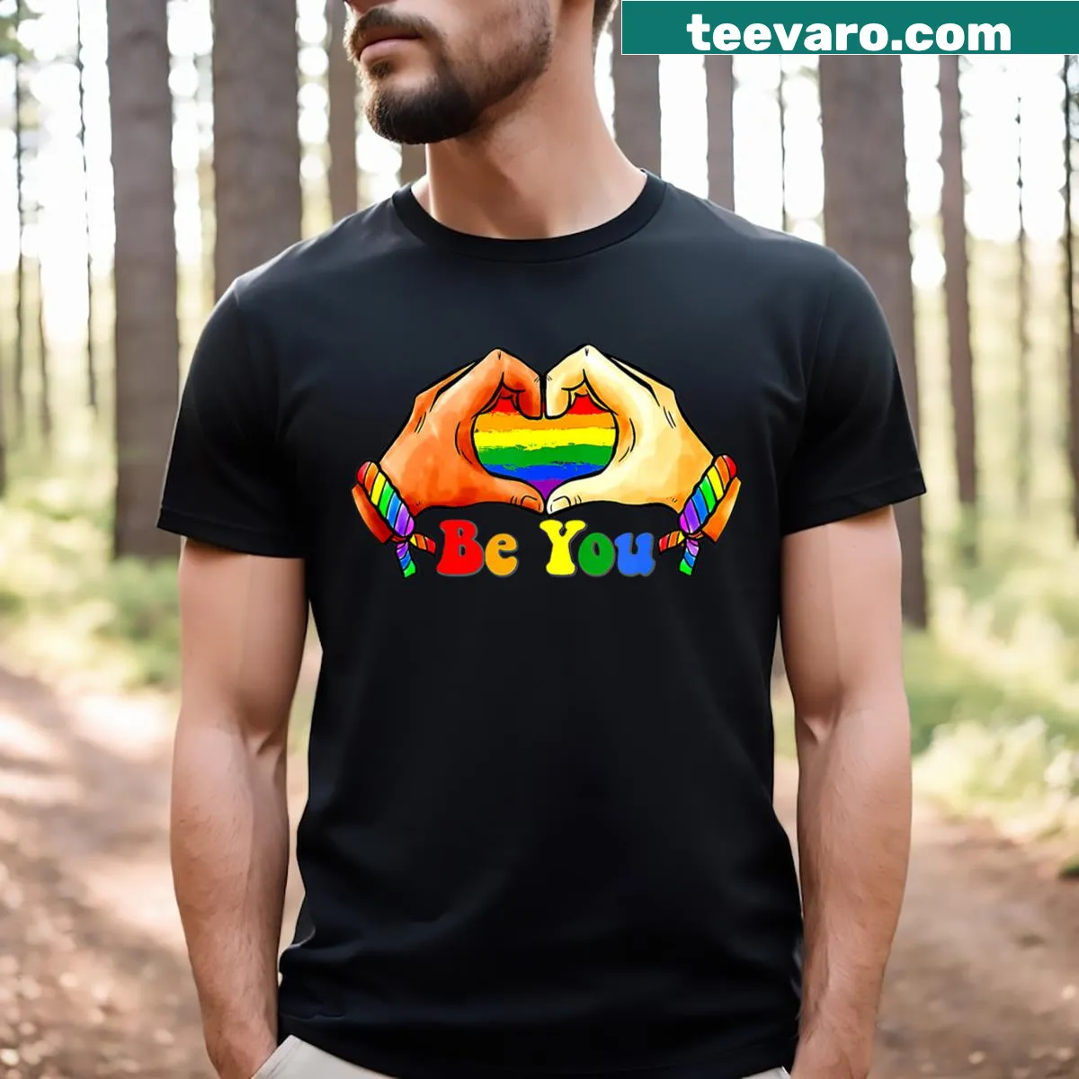 Heart and rainbow flag design symbolizing LGBTQ+ unity and pride. — on a men's t-shirt