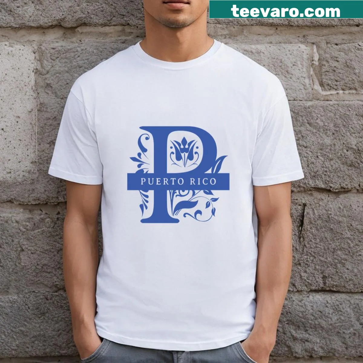 Puerto Rico monogram t-shirt with split letter design showcasing heritage — on a men's t-shirt