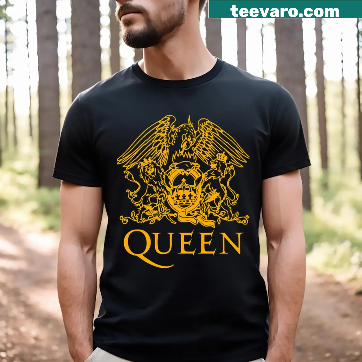 Iconic Queen band logo on a T-shirt — on a men's t-shirt