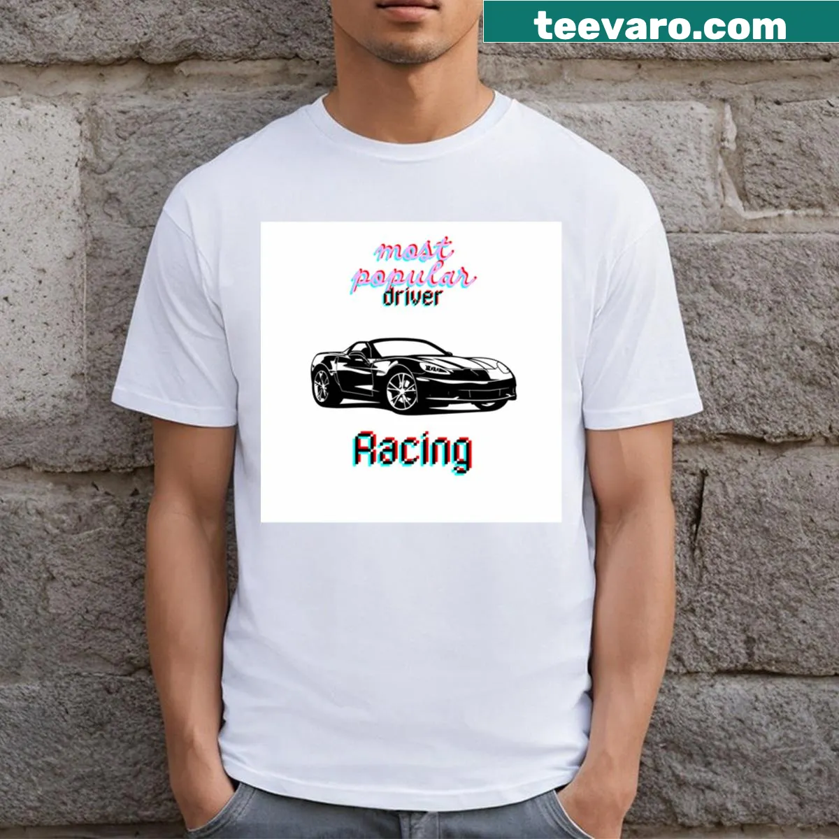 Dynamic racing car logo graphic on T-shirt. — on a men's t-shirt