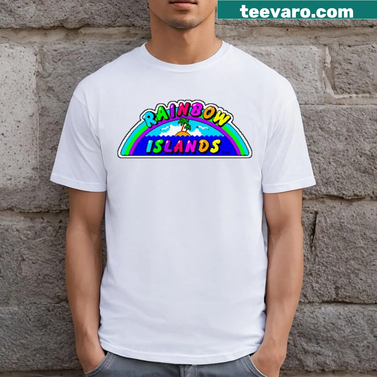 16-bit Rainbow Islands logo on a retro gaming T-shirt — on a men's t-shirt