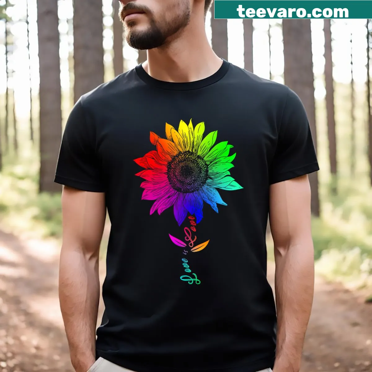 Sunflower design with 'Love Is Love' and a rainbow motif on a T-shirt. — on a men's t-shirt